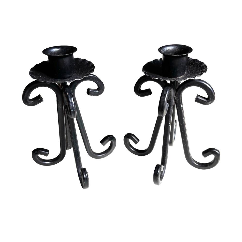 Vintage black wrought iron taper candle holders PAIR Spanish Revival mid century